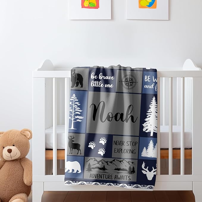 Personalized Baby Blankets with Name, Customized Name Blankets for Kids, Woodland Blanket Personalized, Custom Blanket for Boys, Girl, Baby Boy Newborn Soft