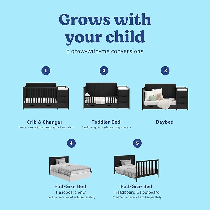 Graco Hadley All-in-One Convertible Crib & Changer (Black) – GREENGUARD Gold Certified, Fits Standard Crib Mattress, Converts to Toddler Bed and Full Bed, 4 Adjustable Mattress Heights