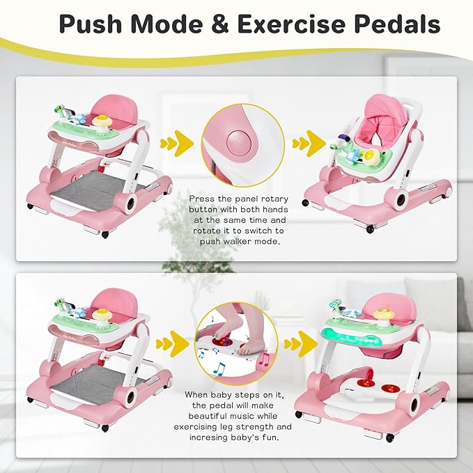 Baby Walker with Wheels, 5 in 1 Walker for Baby Boy Girl 6-12 Months with Bouncer, Music and Lights Baby Jumper Activity Center, Adjustable Height Speed, Push Walker for Ages 6-18 Months Toddler
