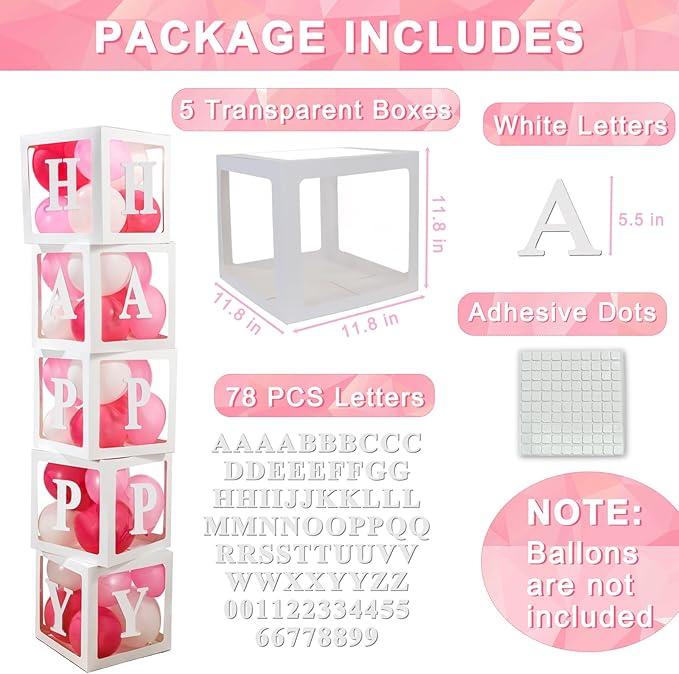 White Transparent Balloon Boxes, Clear Baby Boxes with 78 Letters for Custom Name, Balloon Box Blocks Backdrop for Bride Shower Baby Shower Birthday Boy Girl Gender Reveal Graduation Party Decor, 5PCS