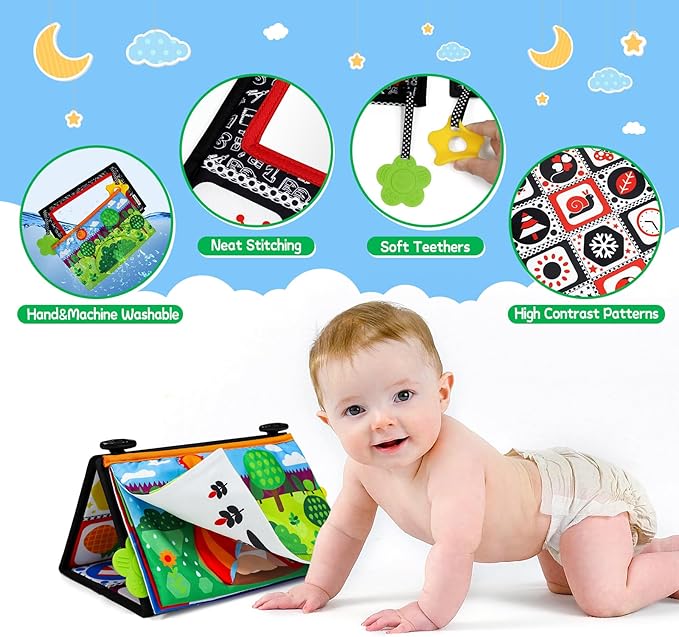 Dr.Rapeti Tummy Time Floor Mirror for Baby Infant Toddler Kids Black and White High Contrast Baby Toy with Crinkle Cloth Book Teethers Floor Activity Toy Washable Non-Toxic