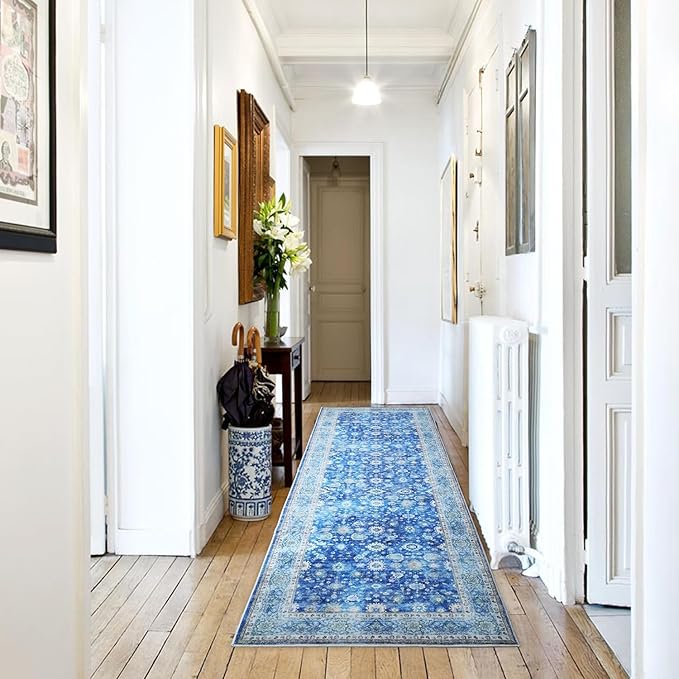 Runner Rug 2'6''x8' Hallway Washable Boho Soft Area Rug Non-Slip Faux Wool Vintage Rug for Kitchen, Entryway, Laundry, Bedroom, Indoor (Blue)