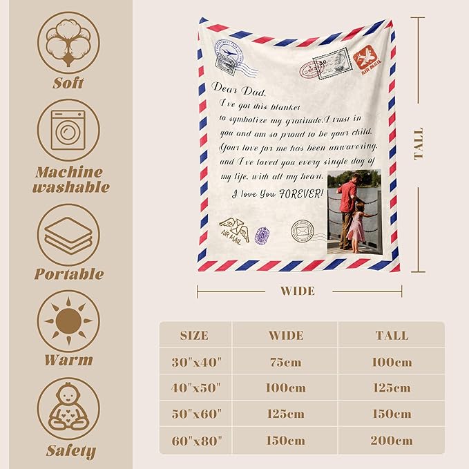 Personalized Fathers Day Birthday for Dad Custom Throw Blanket with Pictures, Customized Photo Blankets Gift for Daddy Men Grandpa Husband from Daughter Son Kids Wife (dad Letter)