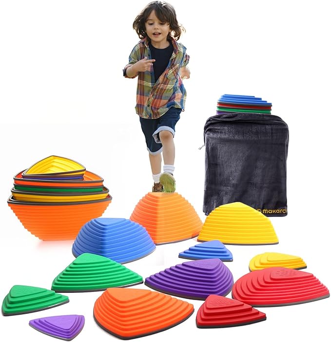 makarci Stepping Stones for Kids 12pcs Obstacle Courses Play Indoor Outdoor, Full Rubber Rim Plastic Hilltop for Kids Balance and Integration Improvement Age 3 4 5 6 7 8 + (Forest)