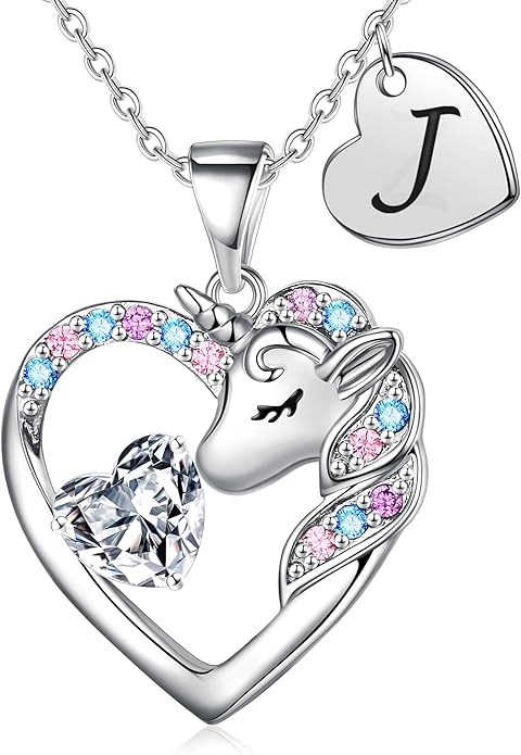 Unicorn Necklace Gifts for Girls Kids - Colorful CZ Heart Initial Necklaces Unicorn Necklace for Girls Jewelry Birthday Gifts for Little Girl Kids