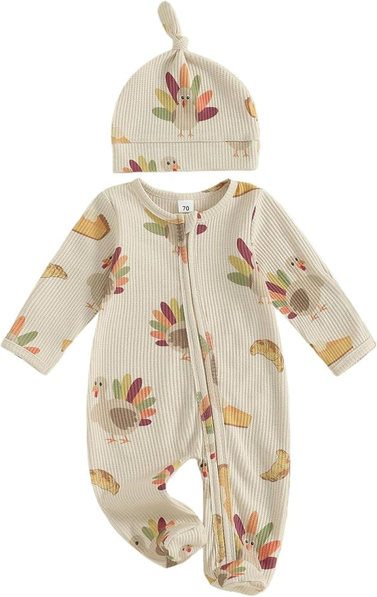 Userdefined Baby Girl Thanksgiving Outfit Ruffle Romper Turkey Rolls Print Onesie Footie Jumpsuit Fall Winter Clothes