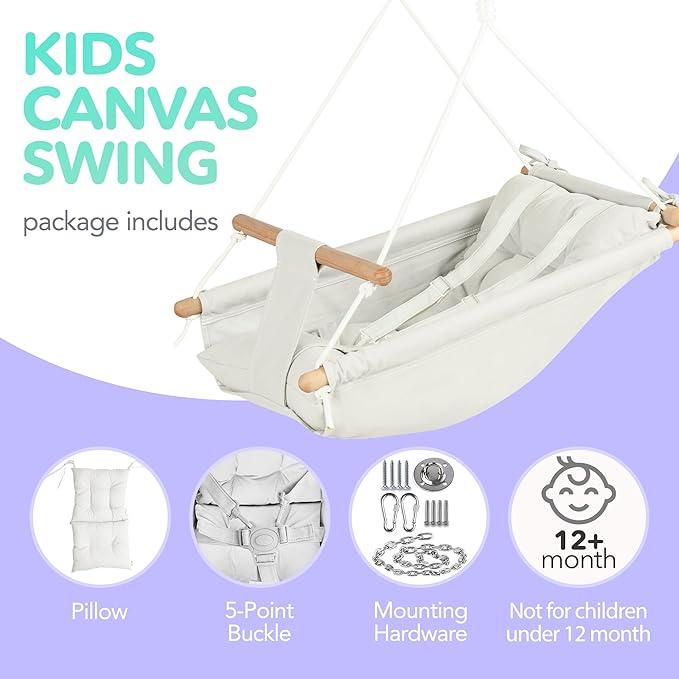 CaTeam Canvas Toddler Swing – Indoor/Outdoor Hanging Chair for Patio & Playroom with Safety Belt – Wooden Baby Seat for Ages 12+ Months – Ivory