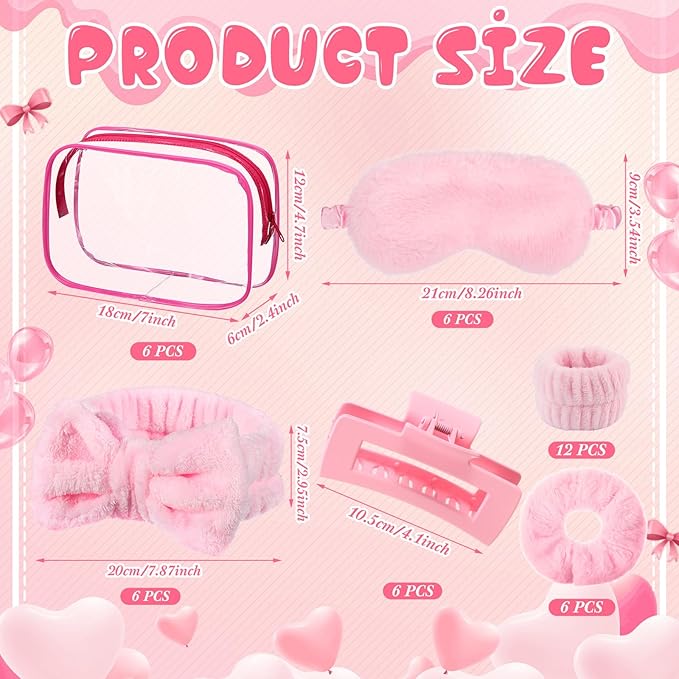 42 Pcs Spa Sleepover Party Supplies Include 6 Sleep Eye Mask 6 Spa Headband 12 Wrist Washband 6 Velvet Scrunchies 6 Hair Claw Clips 6 Clear Cosmetic Bags for Girls Slumber Party Favors Gift