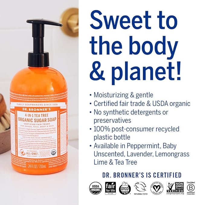 Dr. Bronner's - Organic Sugar Soap (Tea Tree, 24 Ounce) - Made with Organic Oils, Sugar and Shikakai Powder, 4-in-1 Uses: Hands, Body, Face and Hair, Cleanses, Moisturizes and Nourishes, Vegan