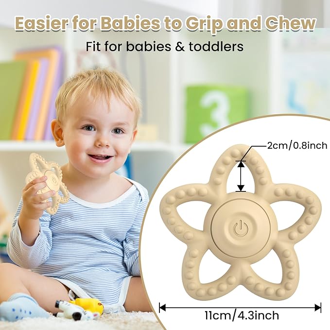 Vibrating Sensory Chew Toy for Autism & Teething Babies - USB Rechargeable with 3 Vibration Modes, Baby Teething Toys for Toddlers 6-18 Months, Calming Baby Sensory Toys(Beige)