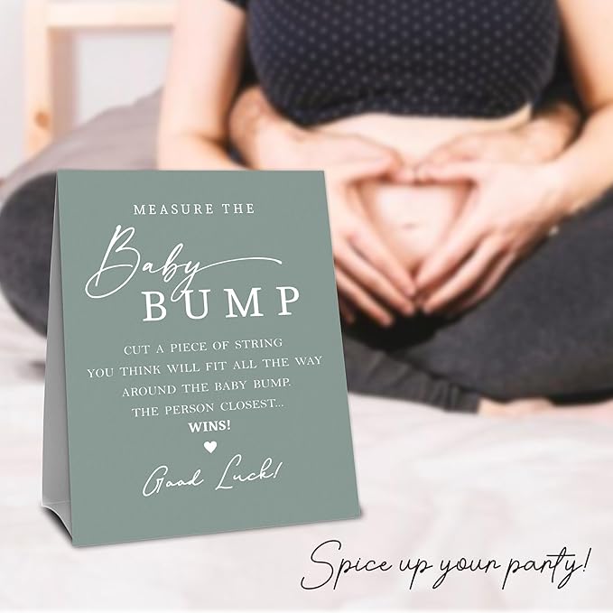 Dark Green Baby Shower Measure The Baby Bump, Measure Mommy's Belly Game Set - 1 Self-Standing Sign And 50 Tickets - Gender Reveal, Baby Shower, Baby Announcement Activity & Party Favor Supplies - A12