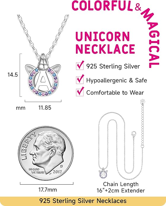 Unicorn Necklace for Girls, Initial Necklaces for Little Girls Kids Children, Hypoallergenic 925 Sterling Silver Kids Jewelry Colorful CZ Unicorn Gifts for Birthday Kindergarten Graduation Wedding