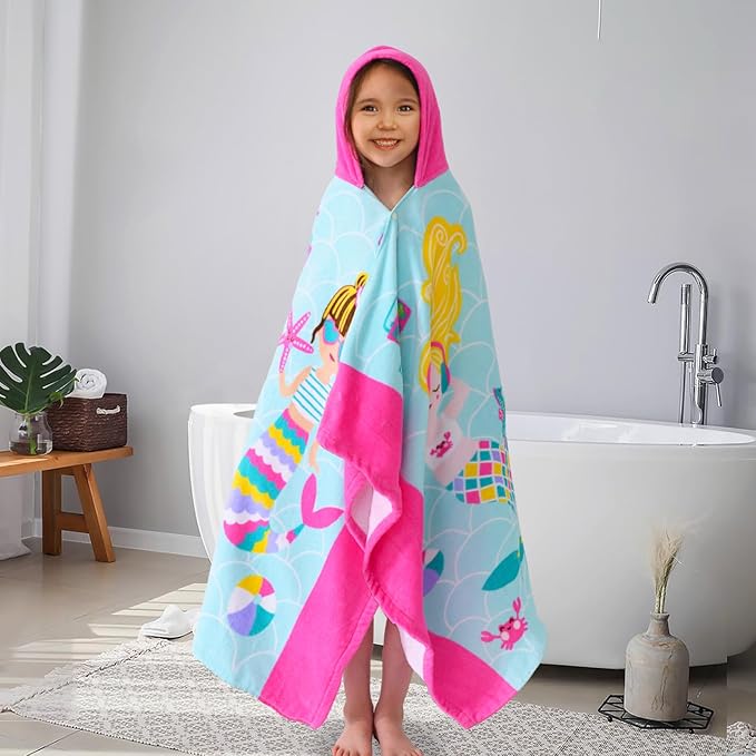 VOOVA & MOVAS Kids Hooded Beach Towel Age 3-10, 30''X50,Soft | Thick | Large | 100% Cotton,Absorbent Beach, Bath, Pool Towels Wrap for Girls, Sea Mermaid