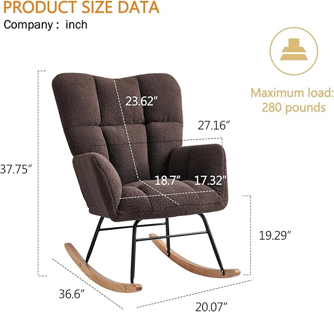 Kiztir Rocking Chair Nursery, High Backrest Teddy Glider Rocker Upholstered Rocker Recliner Modern Rocking Accent Chairs for Bedroom, Living Room, Offices (Brown)