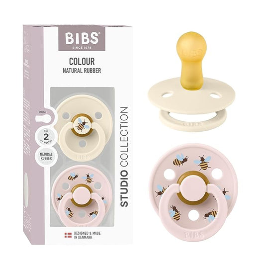 BIBS Colour Studio Soother 2-Pack, BPA Free Dummy Pacifier, Round Nipple. Natural Rubber Latex, Made in Denmark, Size 2 (6-18 Months), Ivory/Petal