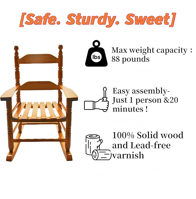 Child Rocking Chair for 3-6 Small Baby Kids Wooden Outdoor Furniture Indoor Living Room Lounge Bedroom Porch Patio Outside Brown
