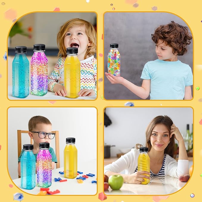Honeydak 24 Pcs Empty Sensory Bottles Bulk with Black Lids 12 oz / 350 ml Clear Plastic Reusable Leakproof Juice Bottles Drink Container for Sensory Crafts Handmade Beverages Storage(Square)