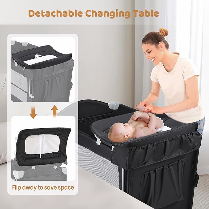 JOYMOR Pack and Play with Changing Table, 5-in-1 Portable Baby Bedside Bassinet with Storage, Travel Crib with Carry Bag, Compact Fold (Black)