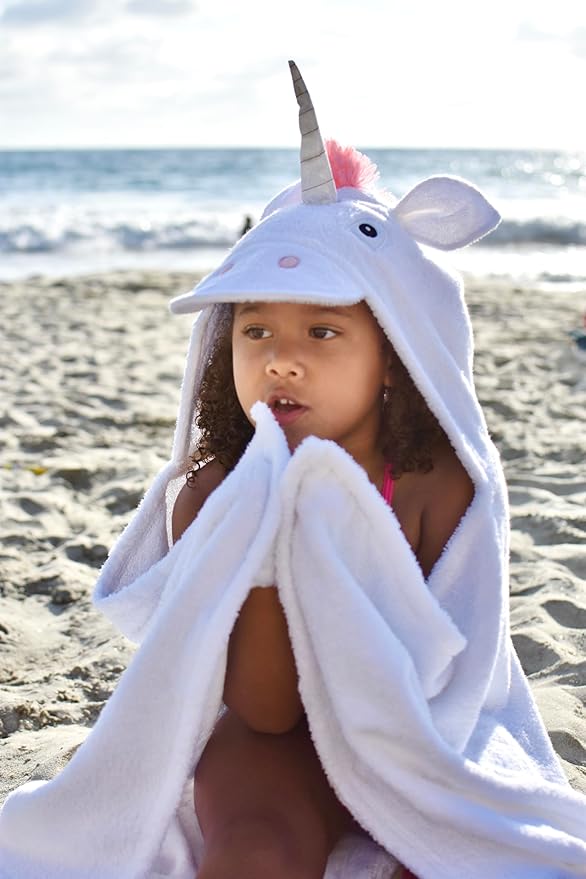 Hooded Baby Towel for Kids 2-8 | Large 100% Cotton Baby Towel for Girls or Boys in White | Cute Unicorn Bath Towels for Babies and Toddlers with Rainbow Mane