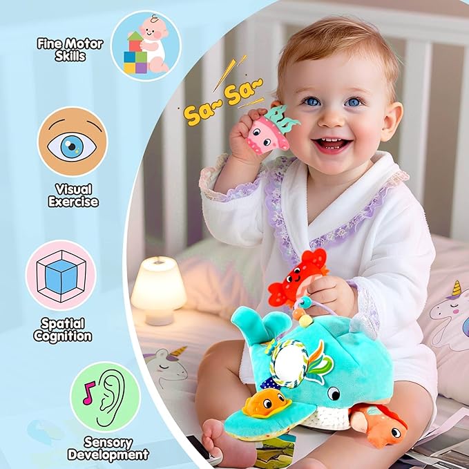 FREYBLI Baby Toys 6-12 Months - Soft Ocean Adventure Toy with Rattle, Crinkle Paper, Squeaker, Mirror - Baby Sensory Montessori Toys for 6-9-12 Month Old Developmental, 1 Year Old Boy Girl Gifts Toys