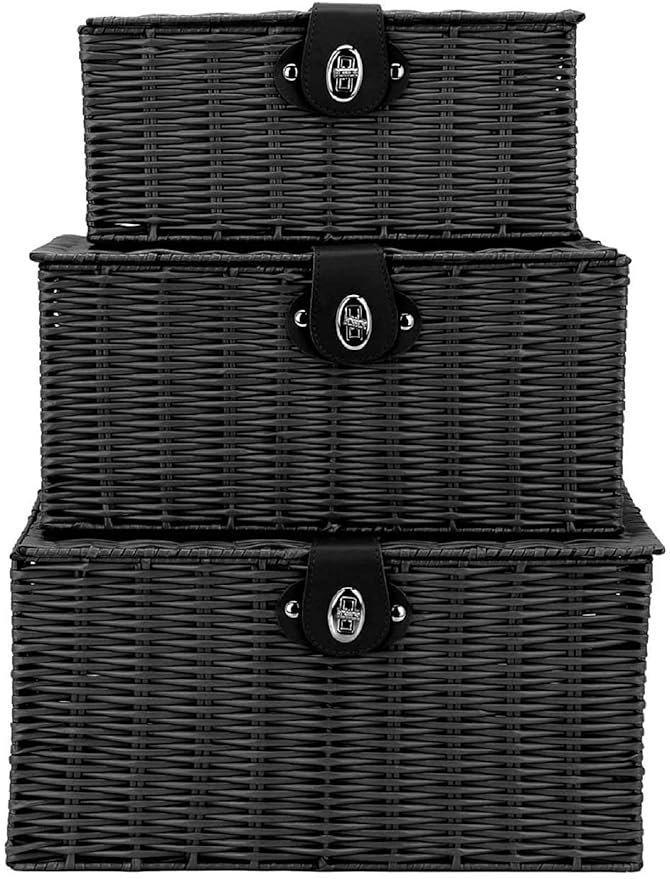 Set of 3 Woven Storage Basket Box Wicker Hamper Stackable Bin with Lid & Lock, Built-in Carry Handles, Organizer for Nursery, Baby Closet, Diaper, Toys, Home, Office, Laundry, DVD (Black)