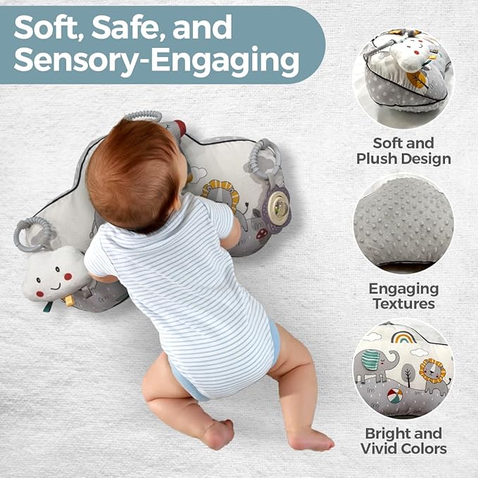 Tummy Time Pillow with 3 Detachable Sensory Toys - Infant Head Support & Neck Strengthening Mat - Soft & Breathable Baby Gym Play Pillow - Machine Washable (Safari Animals)