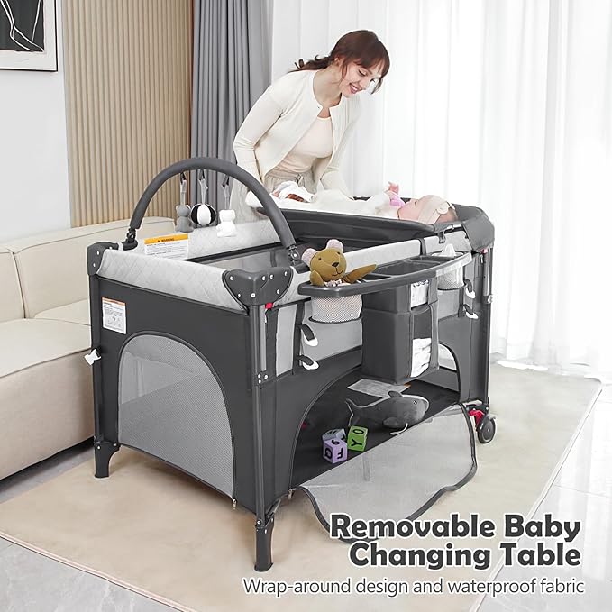 4 in 1 Baby Bassinet Bedside Crib with One-Hand Setup & Waterproof Mattress – ASTM-Certified Pack and Play, Portable Foldable Playard with Diaper Changer for Newborn to Toddler (Grey)