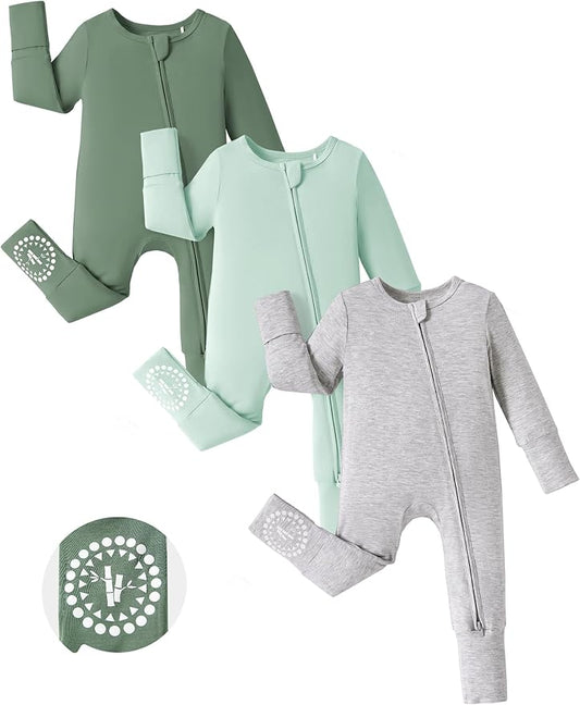 PATPAT Baby Footies Boys Girls - Bamboo Viscose - Zipper & Non-Slip Soles Romper Mitten - Footed & Footless Infant Clothes