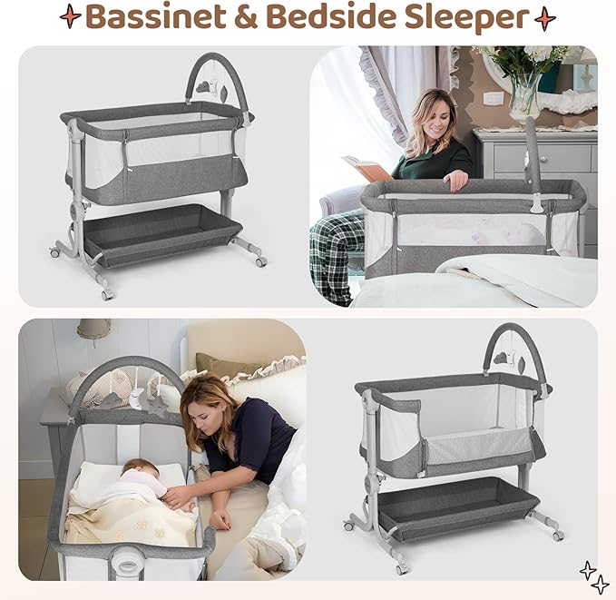 Cowiewie Baby Bassinet 2-1 Beside Sleeper with Wheels & Hanging Toys for Baby Foldable Adjustable Height Portable Bassinets (GREY)