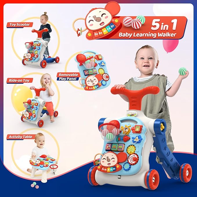 CUTE STONE 5 in 1 Walker for Baby Boy, Sit to Stand Push Walker with Activity Center Learning to Walk, Early Push Walking Toys Gift for Toddler Infant Blue
