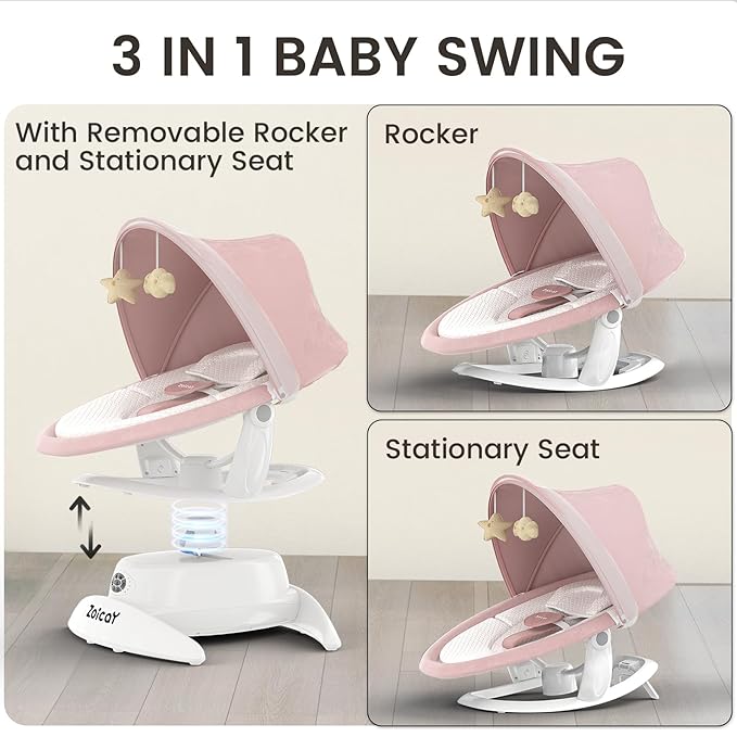 3-in-1 Baby Swing for Infants with Motion Detection, Electric Baby Swing with 3 Swing Modes, 12 Lullabies & 5-Speeds & Removable Swing Seat, BT Enabled & 360°Rotating Seat and Manual Remote, Pink