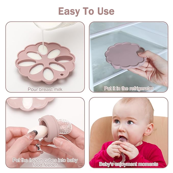 Baby Silicone Fruit Food Feeder Pacifier & Breastmilk Popsicle Freezer Molds,BPA Free Baby Food Storage Containers Frozen Ice Tray for Baby Feeding Safely, Infant Fruit Teething Toy (Pink)