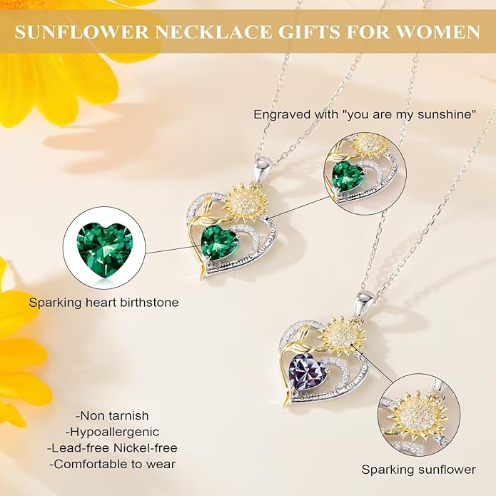 Iefil Sunflower Gifts for Women - Sunflower Necklace Heart Pendant Birthstone Necklace for Women Anniversary Birthday Gifts for Wife You Are My Sunshine 925 Sterling Silver Jewelry for Wife Mom