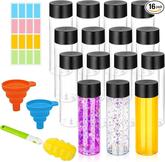 16 Pcs Clear Plastic Bottles 12 Oz Empty Sensory Bottles with Caps, Reusable Juice Bottle Drink Container Water Bottle for Making Classroom Sensory Bottles Tubes Toys (Black Lid, 12 oz/ 350 ml)