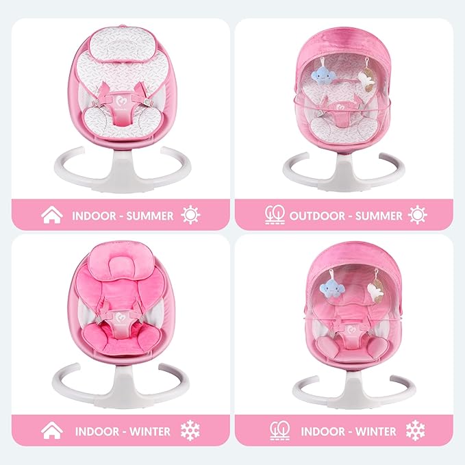 Bluetooth Baby Swing for Infants, Compact & Portable Pink Baby Girl Swing, 3 Seat Positions, 5 Swing Speed, 10 Music, Remote Control, Plug-in Power, Reversible Cushion, mecedora eléctrica para Bebe
