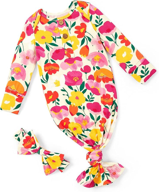PATPAT Baby Sleeper Gown with Bamboo Viscose for Newborn Girls Boys, Knotted Nightgown with Mittens for Infant Home Coming