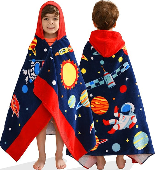 VOOVA & MOVAS Kids Hooded Towels Age 3-10, 30''X50,Soft | Thick | Absorbent Cotton Beach, Bath, Pool Towel | Wrap, Oversized for Boys Girls | Space Theme