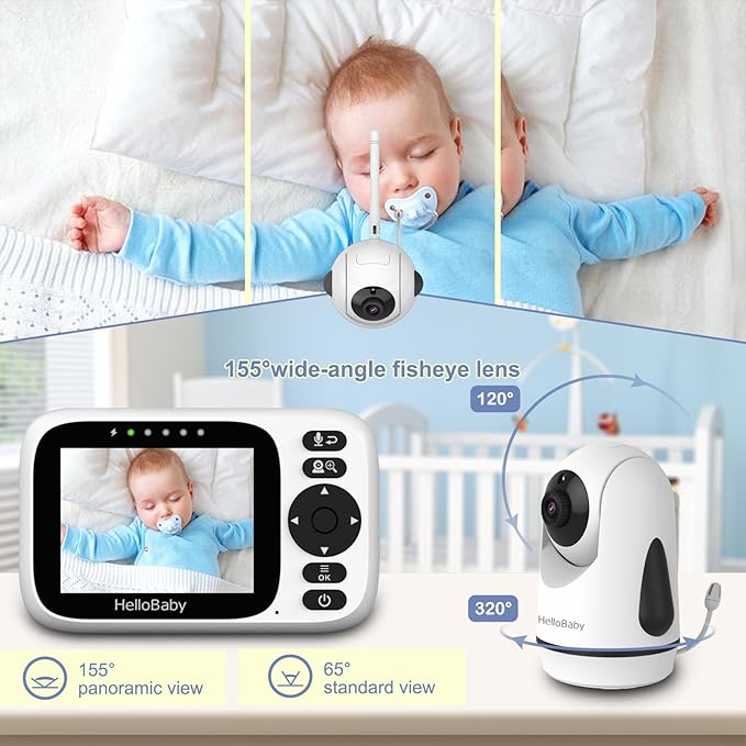HelloBaby 3.2'' Baby Monitor 2 Cameras,Video Audio Baby Monitor No WiFi, Remote Pan-Tilt-Zoom,AUTO Night Vision, ECO, 2-Way Talk,8 Lullabies and 1000ft Range, Temperature, Gifts for Parents and Babies