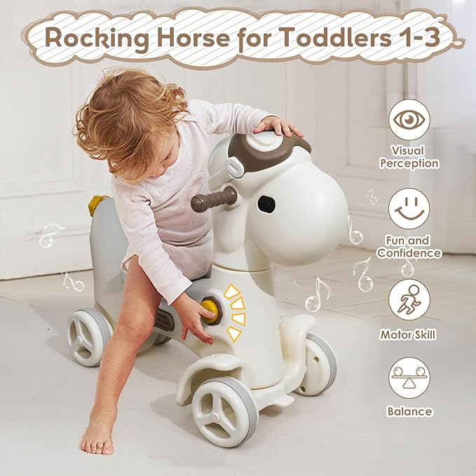 4 in 1 Rocking Horse for Toddlers 1-3 Years Old, Baby Rocking Toy Fun Birthday Gift for 1+ Kids, Ride on Toy with Guard Rails, Detachable Balance Board and Footrest，Balance Bike with Push Handle