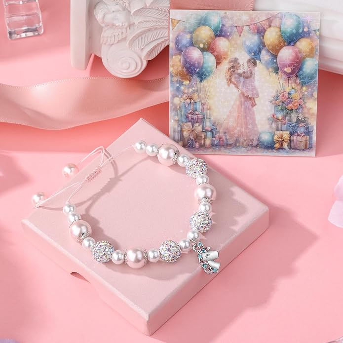 Unicorn Charm Bracelet for Girls - Adjustable Pink Pearl Kids Bracelet for Toddler Girls 4-12 Year Old- Daughter Granddaughter Child's Jewelry Gift for Birthday Christmas gifts