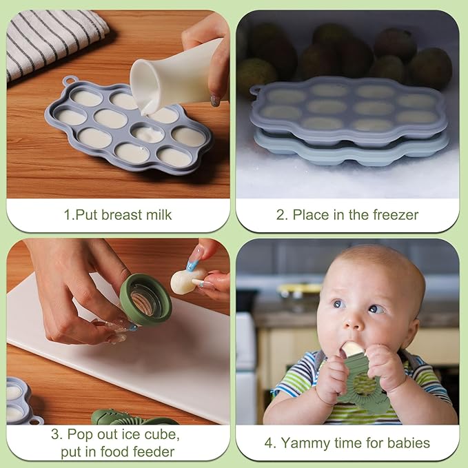 Breastmilk Popsicle Molds & Fruit Feeder Pacifier, Silicone Baby Food Freezer Tray Storage Containers for Infant Teething Self Feeding (1 Set)
