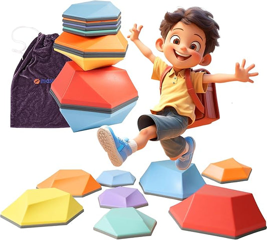 makarci Stepping Stones for Kids 12pcs Obstacle Courses Play Indoor Outdoor, Full Rubber Rim Plastic Hilltop for Kids Balance and Integration Improvement Age 3 4 5 6 7 8 + (Forest)