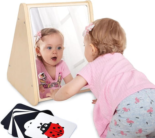 Baby Double-Sided Tummy Time Mirror w/ 2 Package High Contrast Visual Stimulation Cards, Sensory Activity Montessori Toys for 0-18+ Months Boys Girls