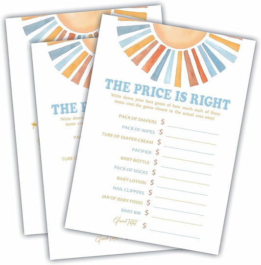 The Price Is Right Baby Shower Game Kit - Watercolor Retro Sun - 30 Double-Sided Fill In Game Cards For Baby Shower, Gender Reveal Party Favor, Activity & Supplies - B12
