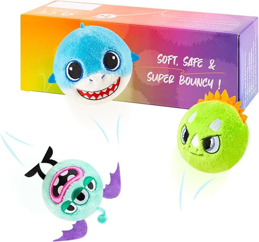Plush Bouncy Balls for Kids & Toddlers - 3" Large Safe Size BPA Free- Toddler Toys Stuffed Animals -Indoor Outdoor Games - 3 Pack Bulk - Birthday Hallowwen Gift for Boys Girls 1-3 3-5 5-8 8-12