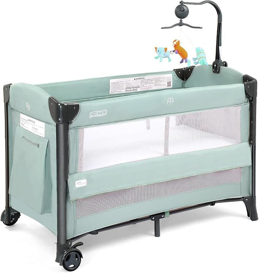 JOYMOR Baby Bassinet, Pack and Play with Bassinet and Carry Bag, Convert to Bedside Sleeper with Toy, Wheels for Boys Girls (Green)