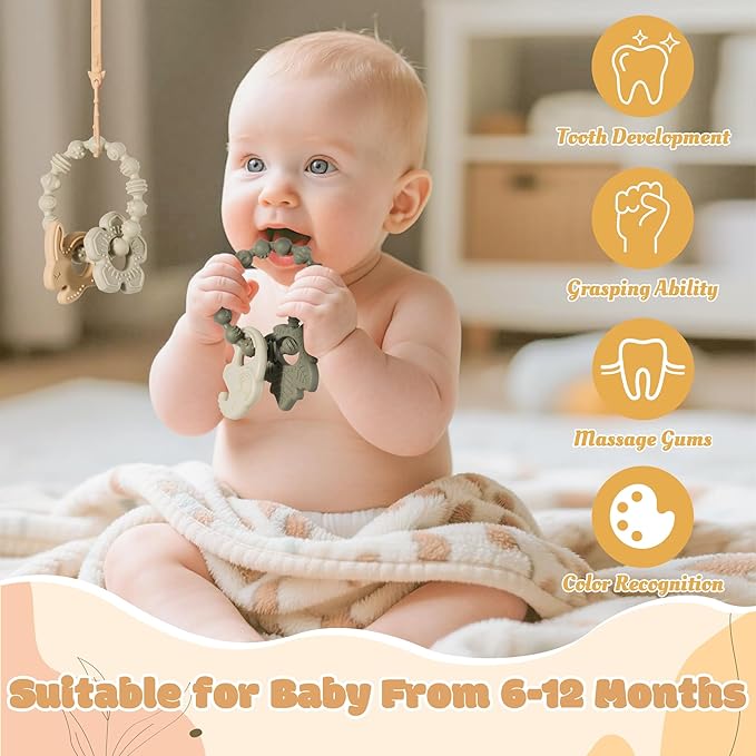 Silicone Teether Toys for Babies - 2ooya 3Pcs Animals Themed Teething Ring, Flower Leaves Baby Sensory Chew Toys with Rattles for Newborn Boy and Girl to Soothe Sore Gums, Baby Shower Birthday Gifts