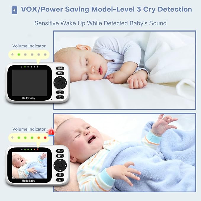 HelloBaby 3.2'' Baby Monitor 2 Cameras,Video Audio Baby Monitor No WiFi, Remote Pan-Tilt-Zoom,AUTO Night Vision, ECO, 2-Way Talk,8 Lullabies and 1000ft Range, Temperature, Gifts for Parents and Babies