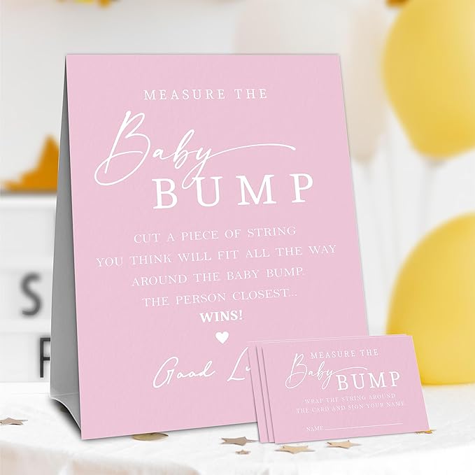 Pink Baby Shower Measure The Baby Bump, Measure Mommy's Belly Game Set - 1 Self-Standing Sign And 50 Tickets - Gender Reveal, Baby Shower, Baby Announcement Activity & Party Favor Supplies - A09