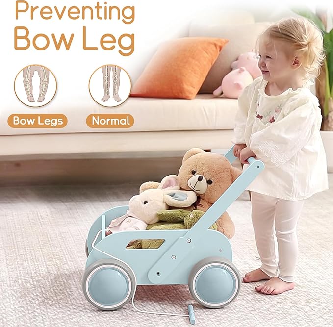 2025 HOMEKOL Wooden Baby Walker,Baby Push Walker, Adjustable Speed Baby Walker for Boys and Girls, Baby Activity Center, Gift for Birthday, Christmas and New Year Nature Blue